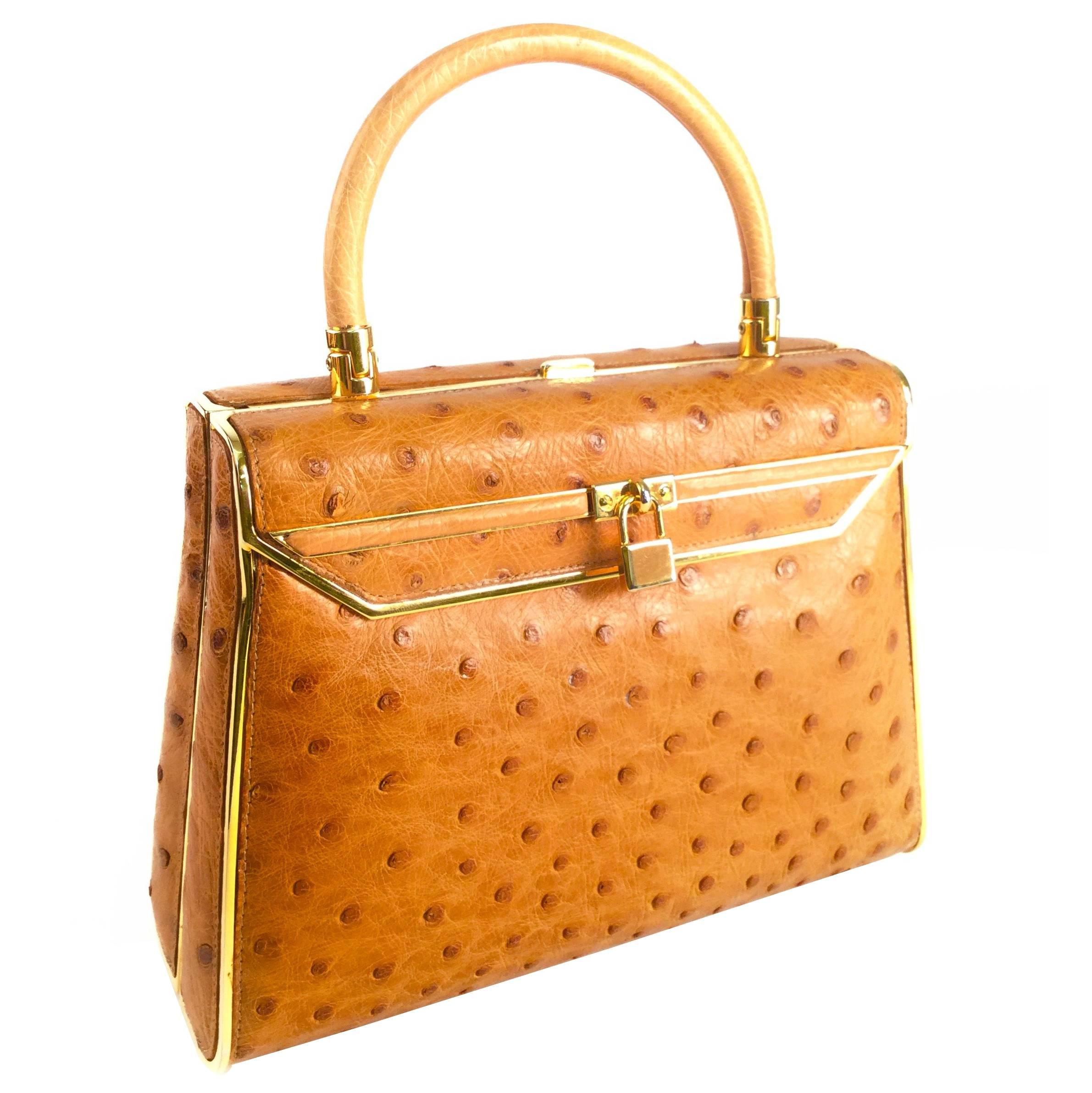 Vintage Finesse La Modele Top Handle Gold Ostrich Handbag