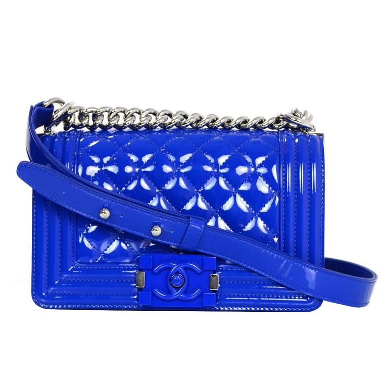 Chanel Cobalt Patent Leather and Plexiglass Small Boy Bag For Sale at