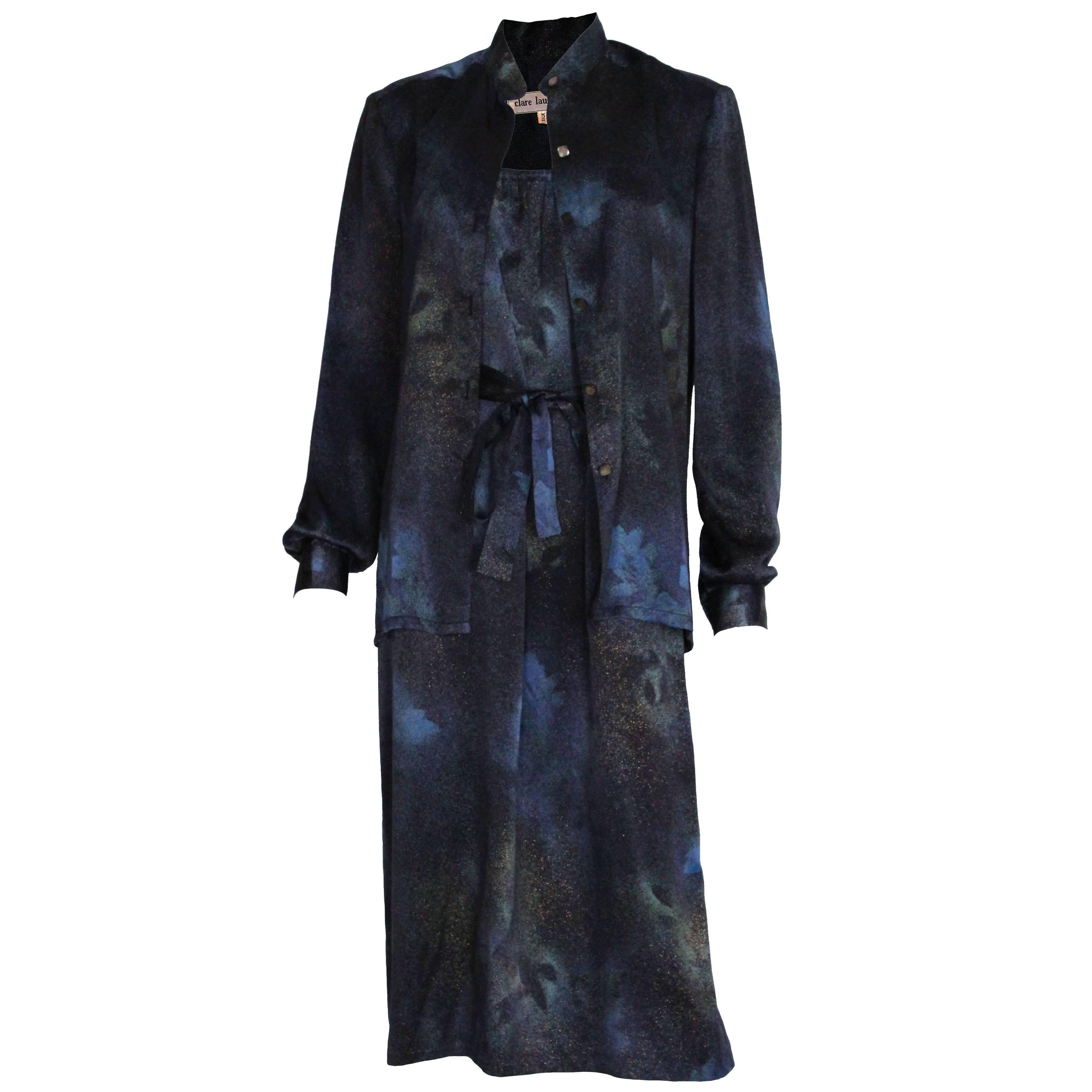 1990s Midnight Blue, Galaxy Print Silk Vintage Dress and Overshirt 