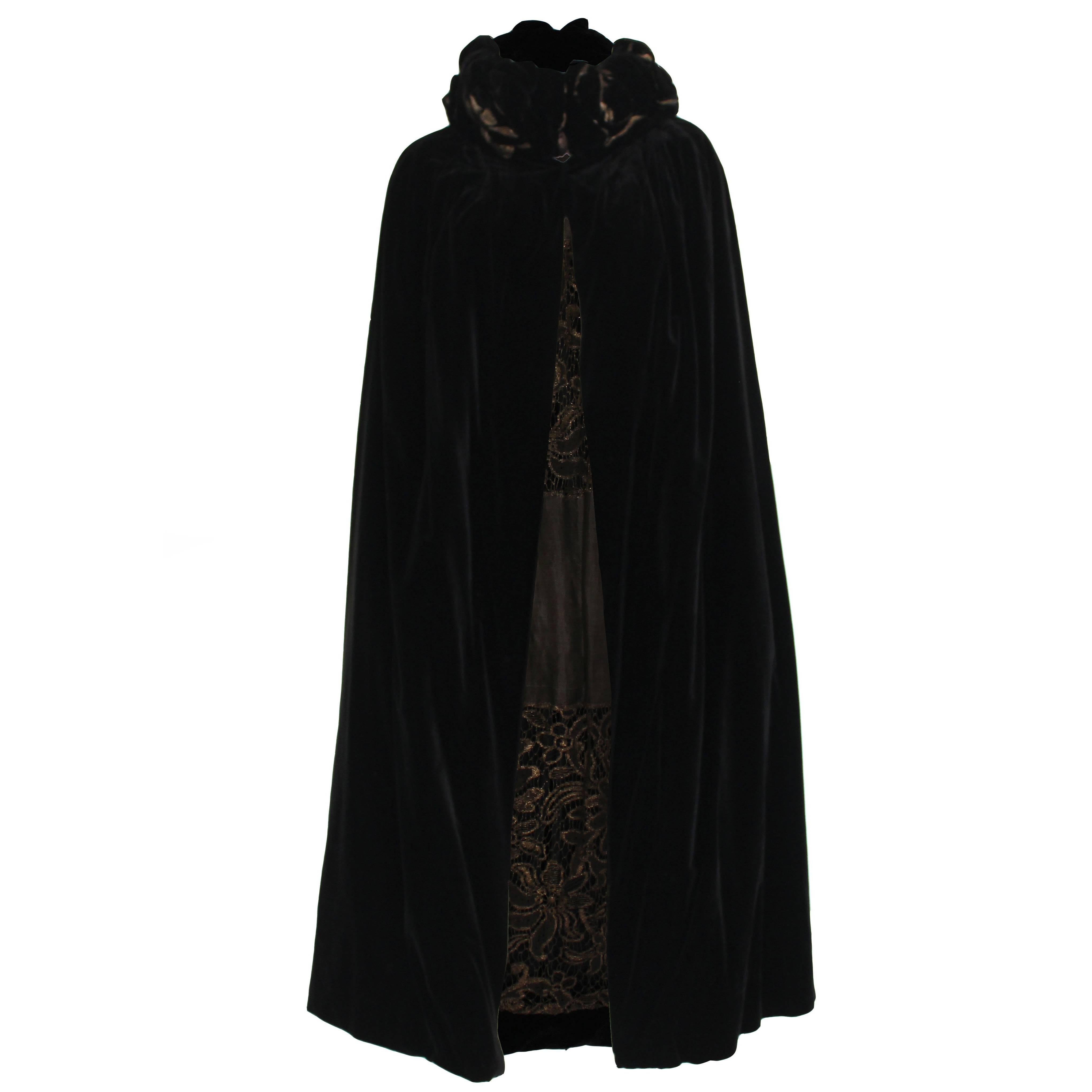Vintage 1920s Black Velvet & Gold Lame Lace Cape