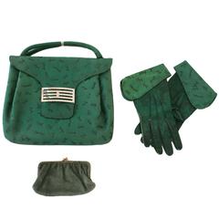 Vintage Late 1950s Embossed Green Suede and Leather Handbag with Matching Gloves