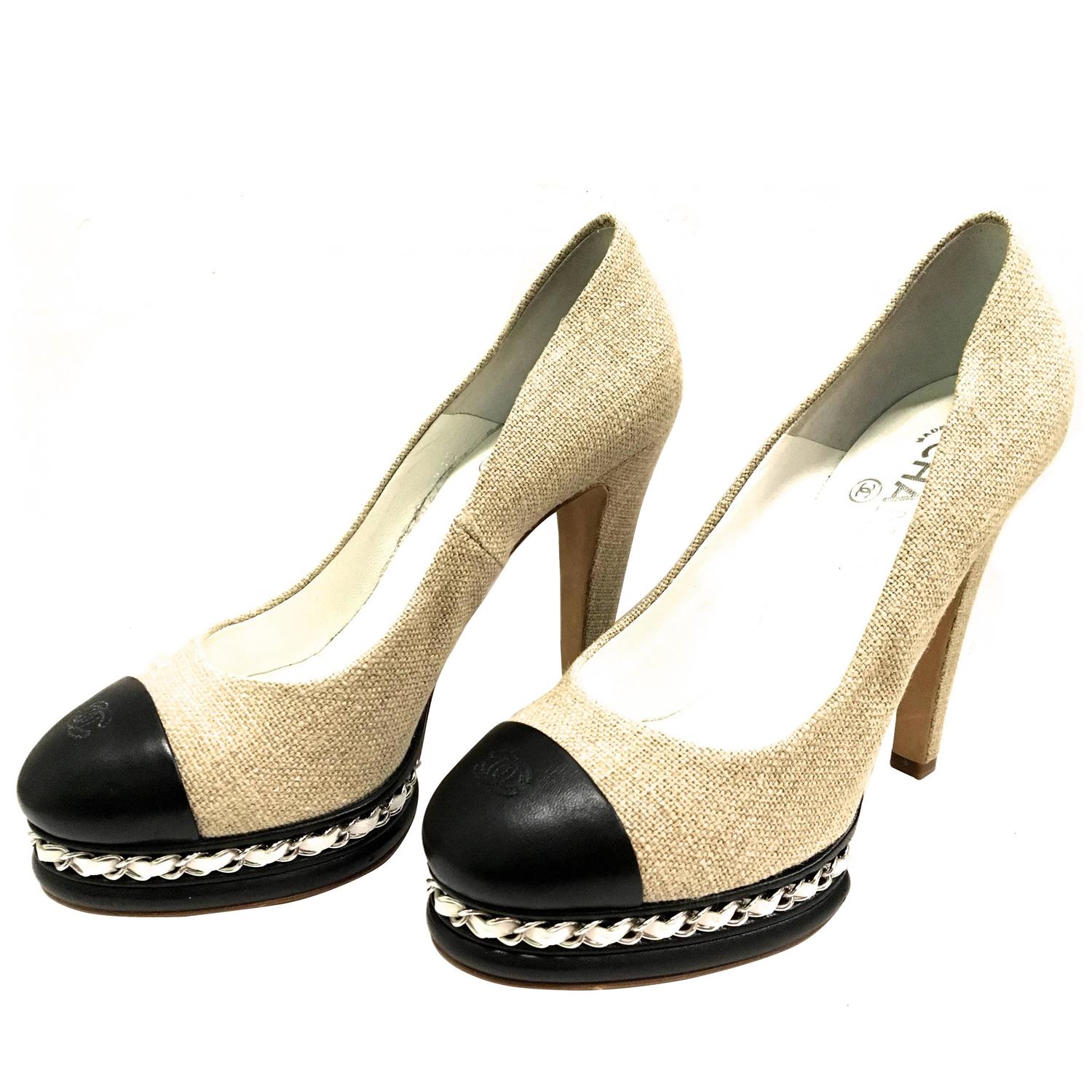 Chanel High Heels Canvas w/ Leather Toes For Sale at 1stdibs