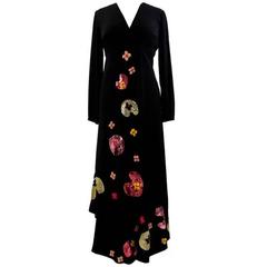 1970s Hand Made Italian  Maxi Dress in Silk Crepe with Sequins Embellishments 