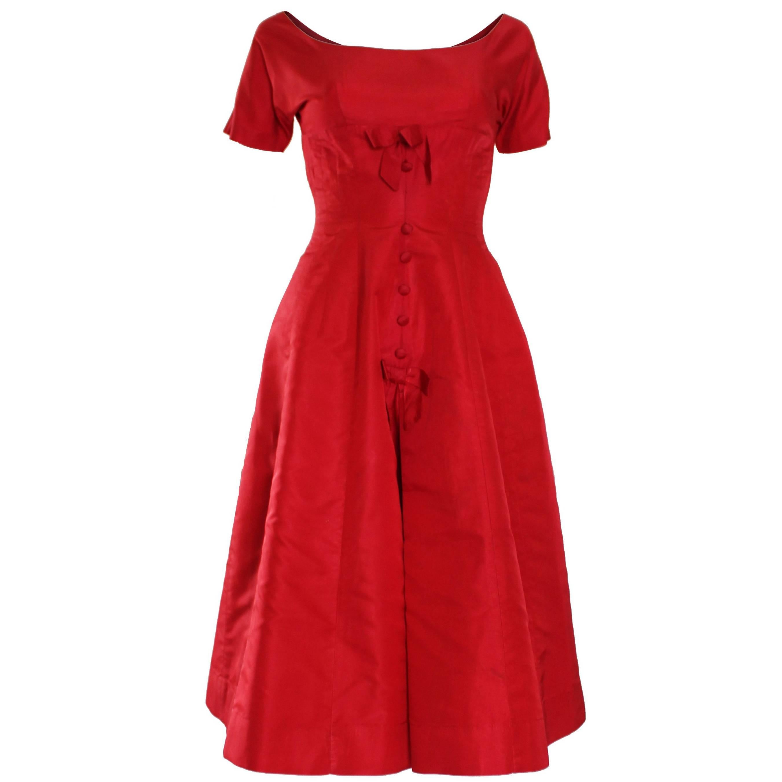 1950s Crimson Red Satin Vintage Prom Style Dress