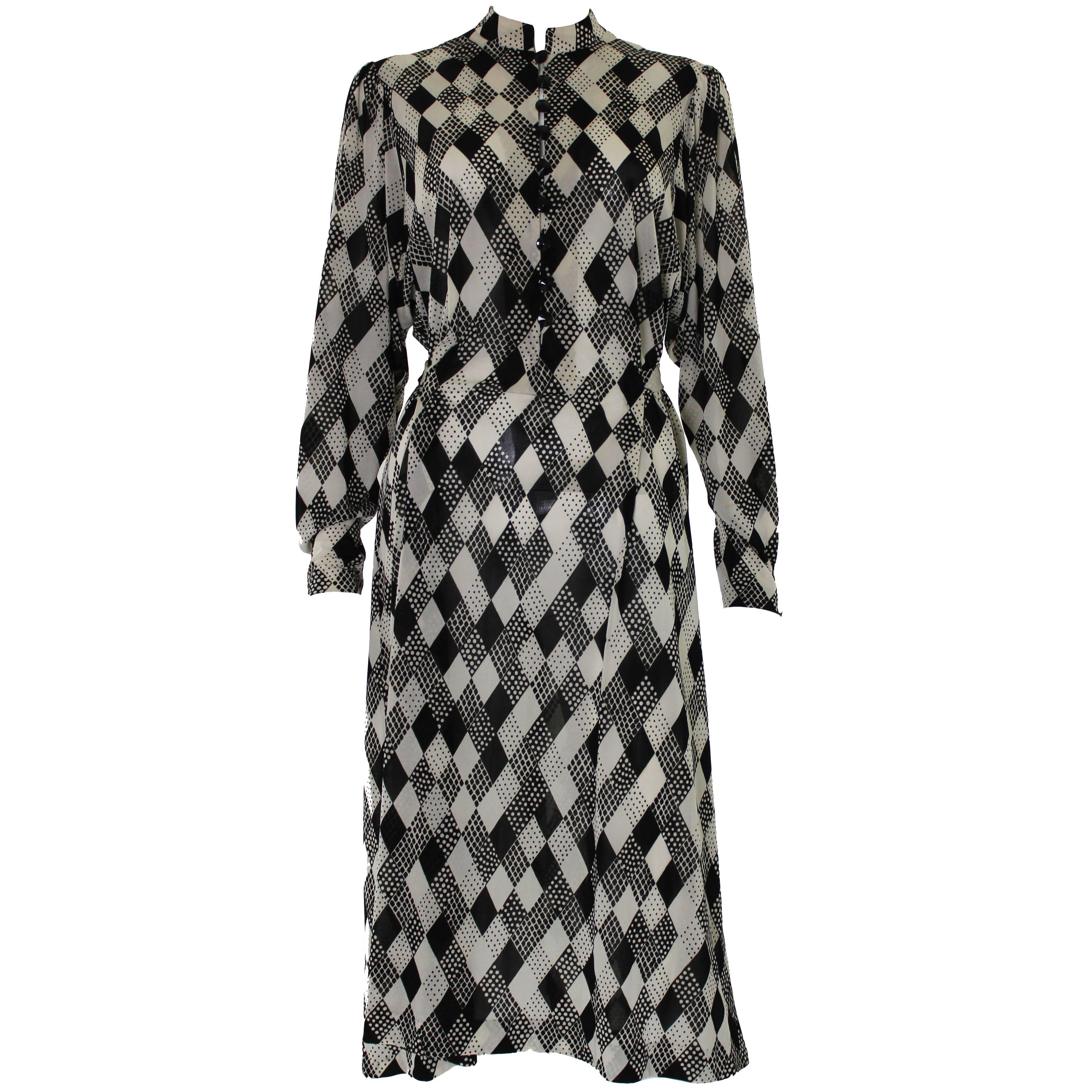 1970s Black & White Spotted Chiffon Tricosa Paris Vintage Dress