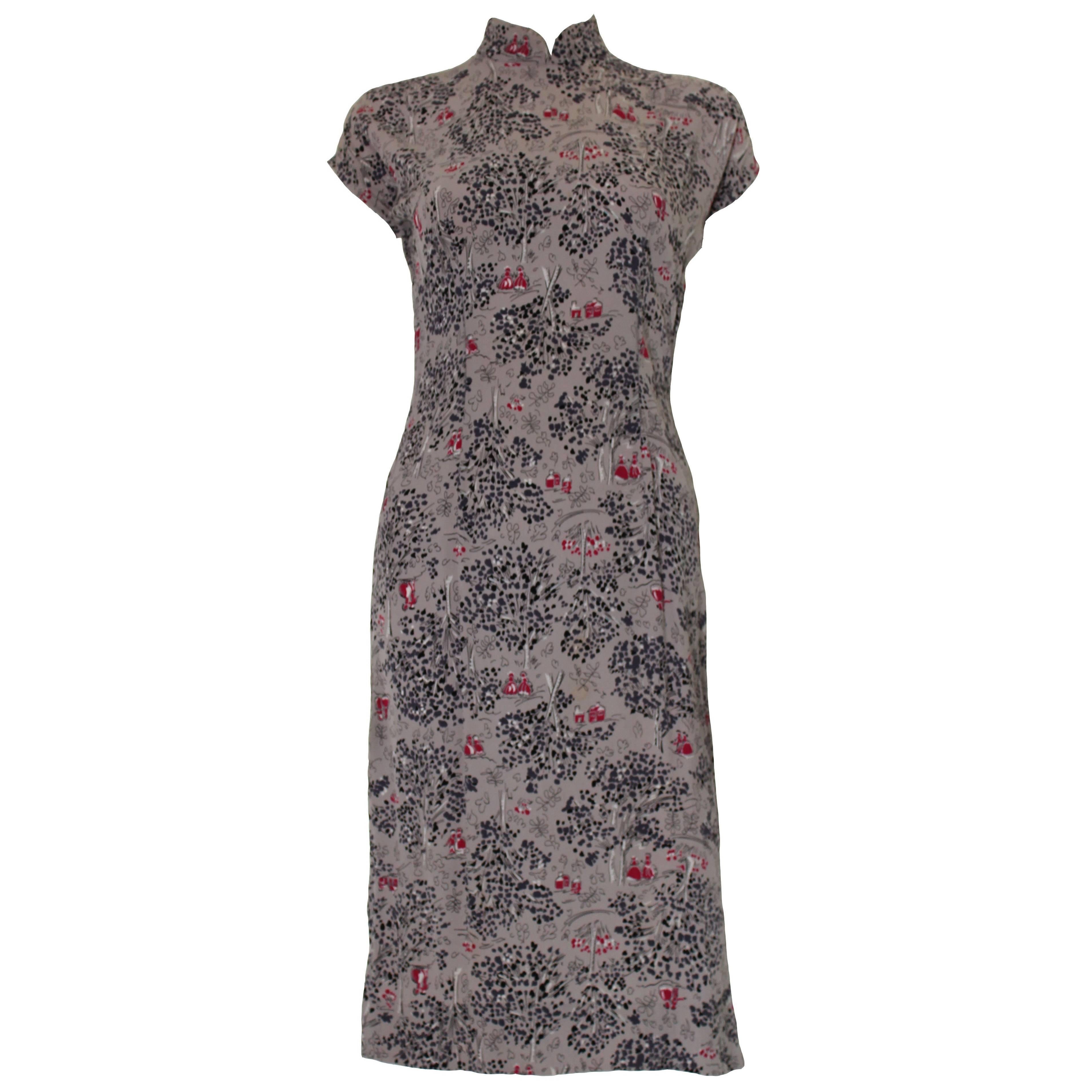 1940s Chinese Style Print Grey Silk Vintage Dress