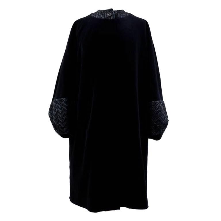 Bespoke Italian Black  Velvet Evening Coat with Lurex Chenille Embroidery, 1960s For Sale