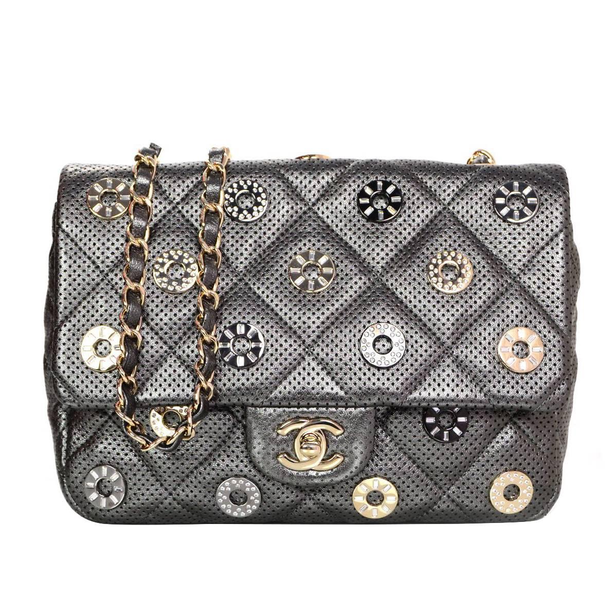 Chanel Pewter Perforated Leather CC Medals Flap Bag