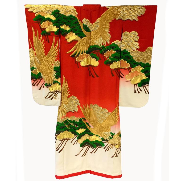 Vintage Japanese Red Ombre Uchikake Wedding Kimono with Gold Cranes at ...
