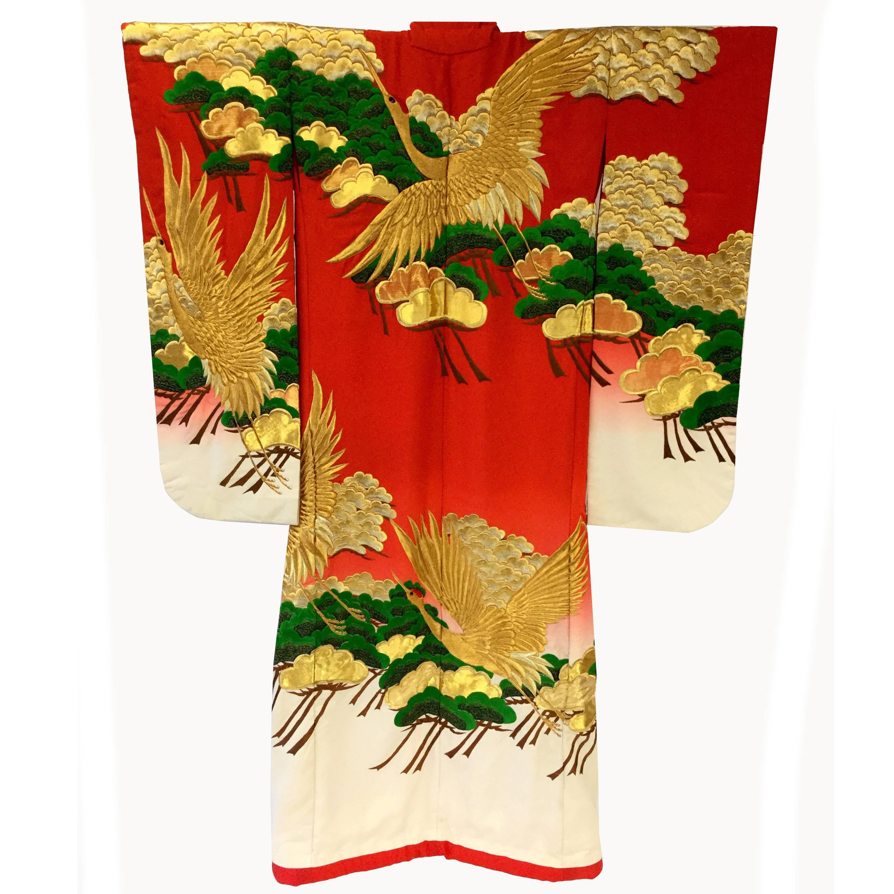 Vintage Japanese Red Ombre Uchikake Wedding Kimono with Gold Cranes