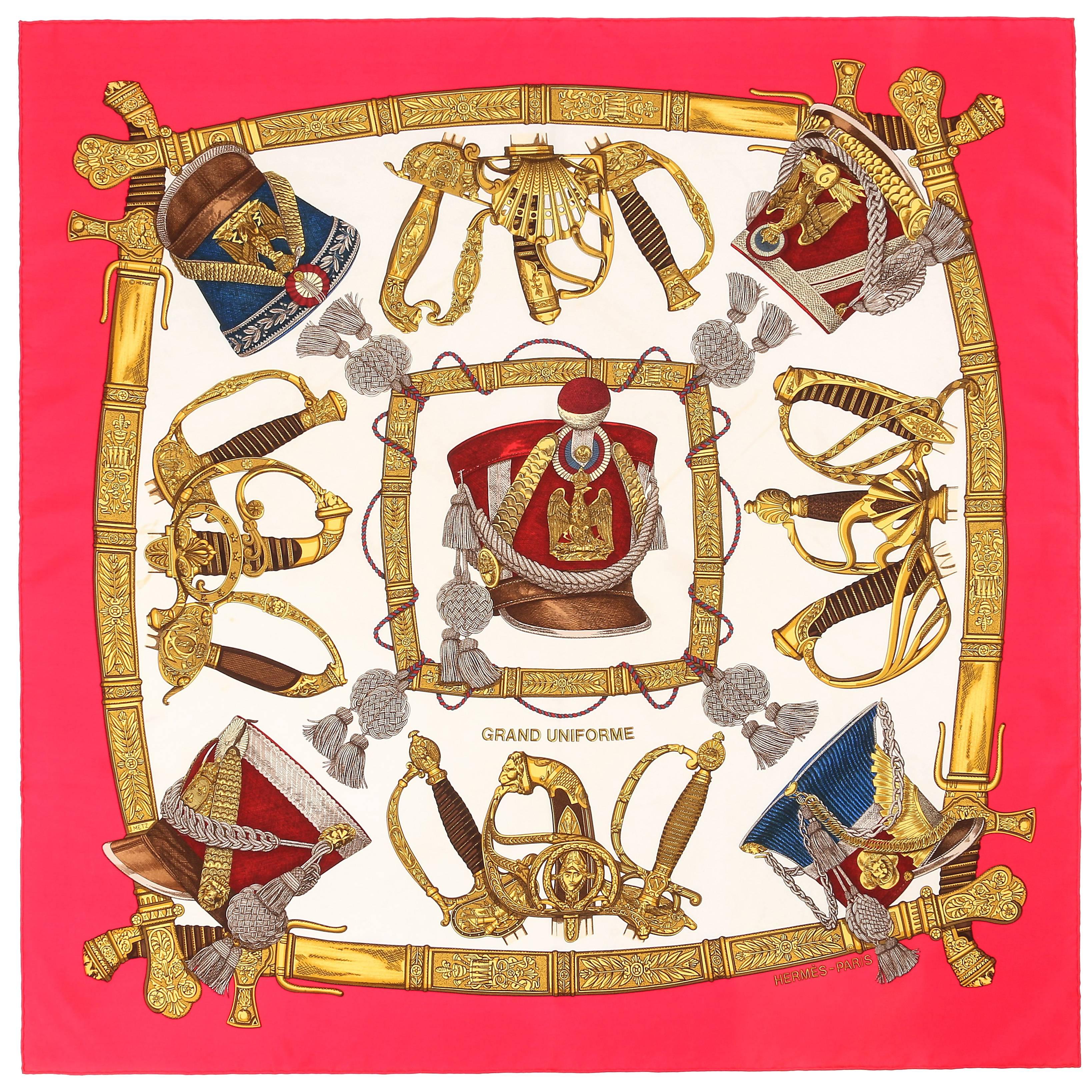 HERMES c.1985 Joachim Metz "Grand Uniforme" Red Sword Military Print Silk Scarf