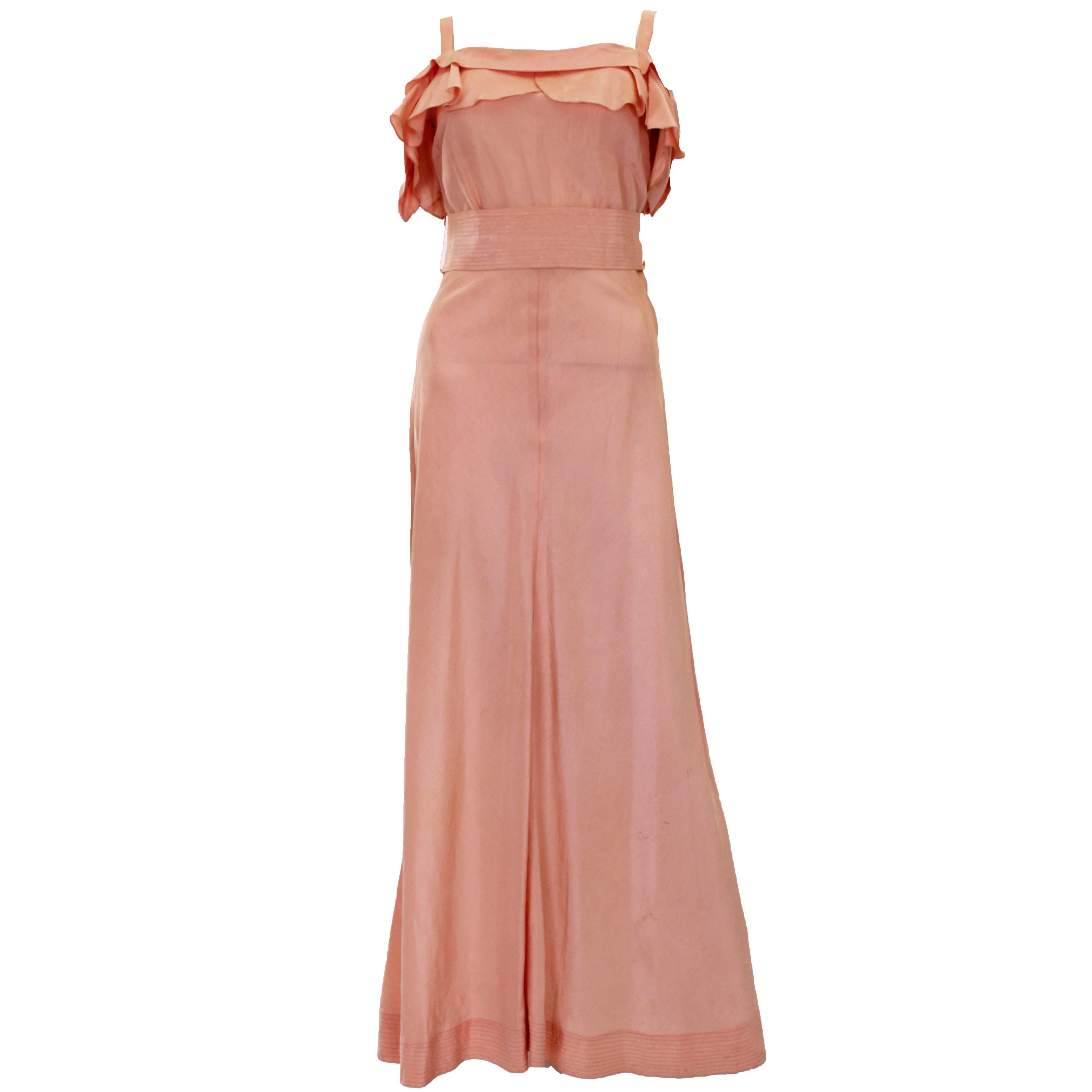 1940s Peach Ruffle Necked Slip Style Evening Gown