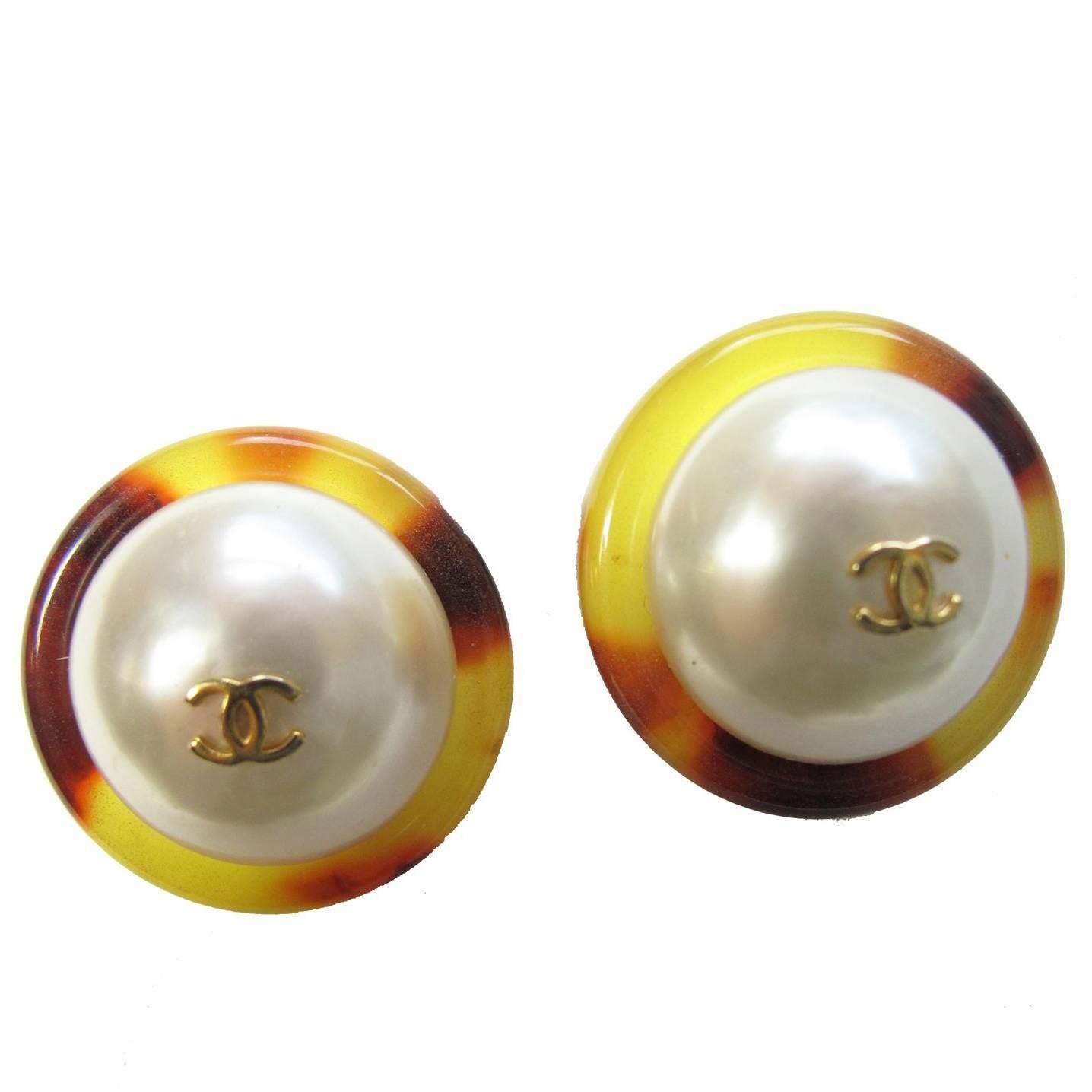 1997 Chanel Tortoise Lucite and Faux Pearl Earrings