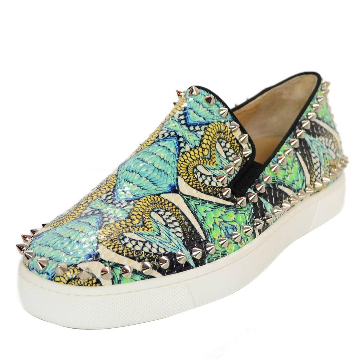 Christian Louboutin Blue and Green Printed Python Stud Sneakers Sz 38