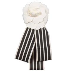 Vintage CHANEL Brooch Ivory Camellia with Black and White Ribbons