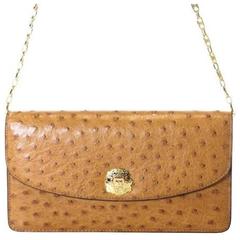 Celine Rare Vintage Cognac Ostrich Evening 2 in 1 Chain Clutch Shoulder Flap Bag