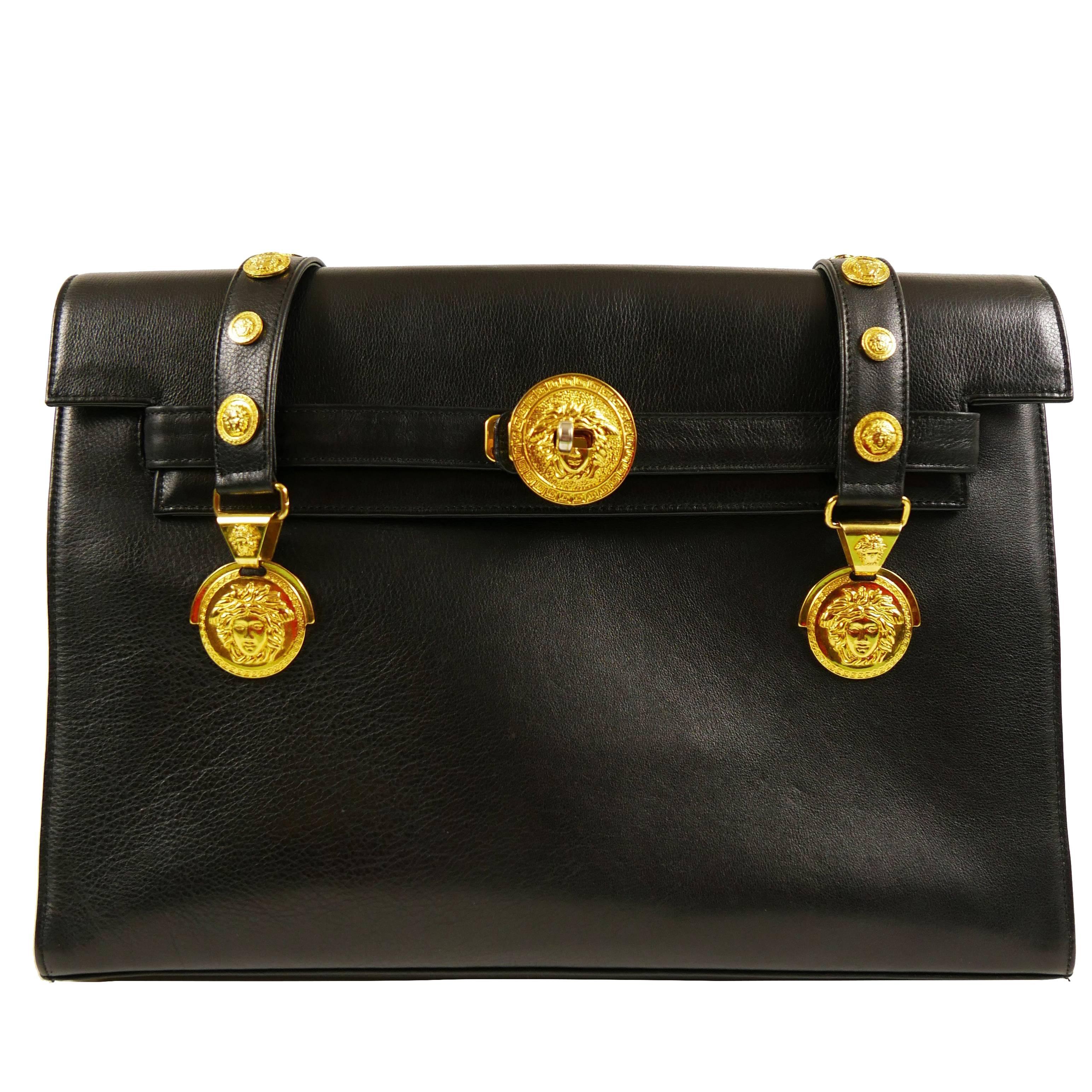 1990s GIANNI VERSACE Black Leather Kelly Shoulder Bag with Gold Hardware