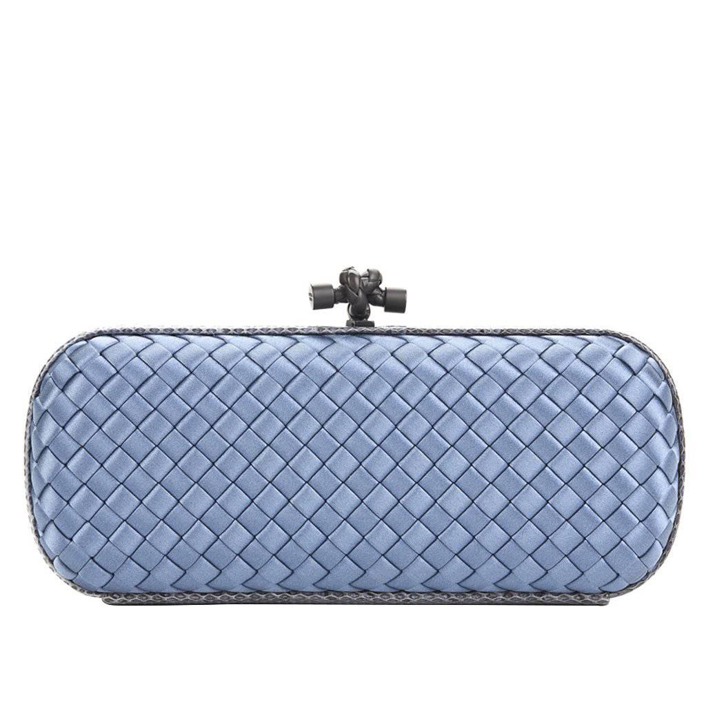 2000s Bottega Veneta Glaucous Blue Woven Satin 
Snakeskin Trim Long Knot Clutch