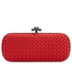 2000s Bottega Veneta Red Woven Satin & Snakeskin Trim Long Knot Clutch