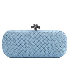 2000s Bottega Veneta Sky Blue Woven Faille Silk Long Knot Clutch