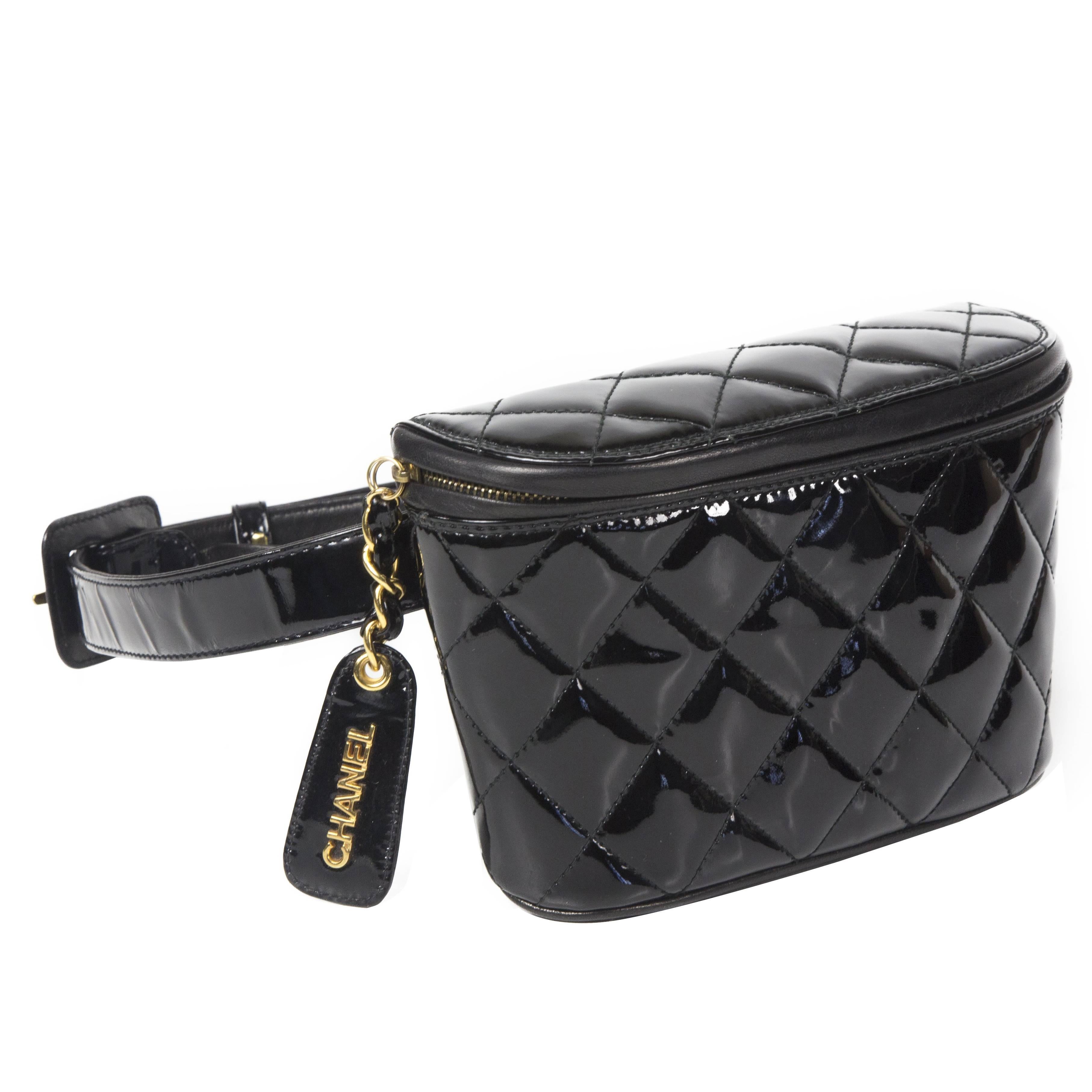 Chanel Fanny Pack Belt Bag Black Patent Leather Quilted Gold Belt CC
