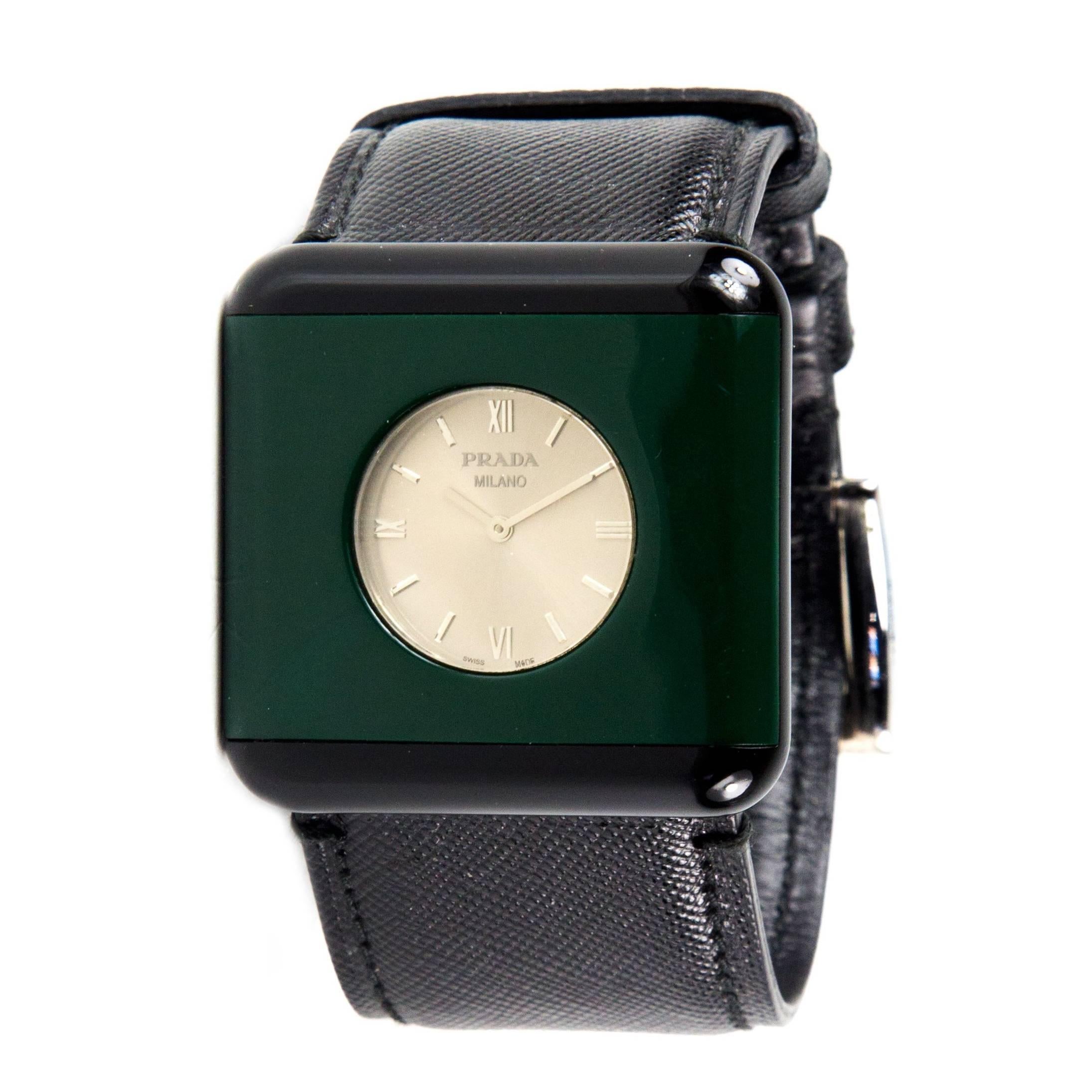 Vrijstelling verachten dealer Prada Watch Unisex - Black Saffiano Leather Green Resin Stainless Steel  Bracelet at 1stDibs