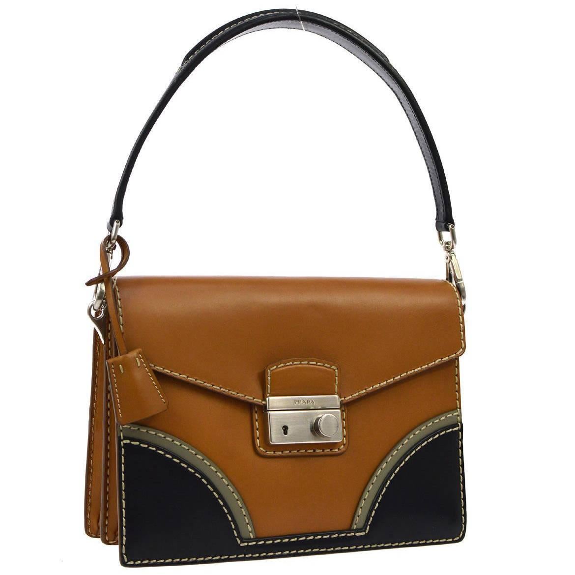 Prada Cognac Leather Colorblock Top Handle Satchel Flap Bag