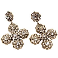 Dramatic Floral Rhinestone Dangling Clip Earrings