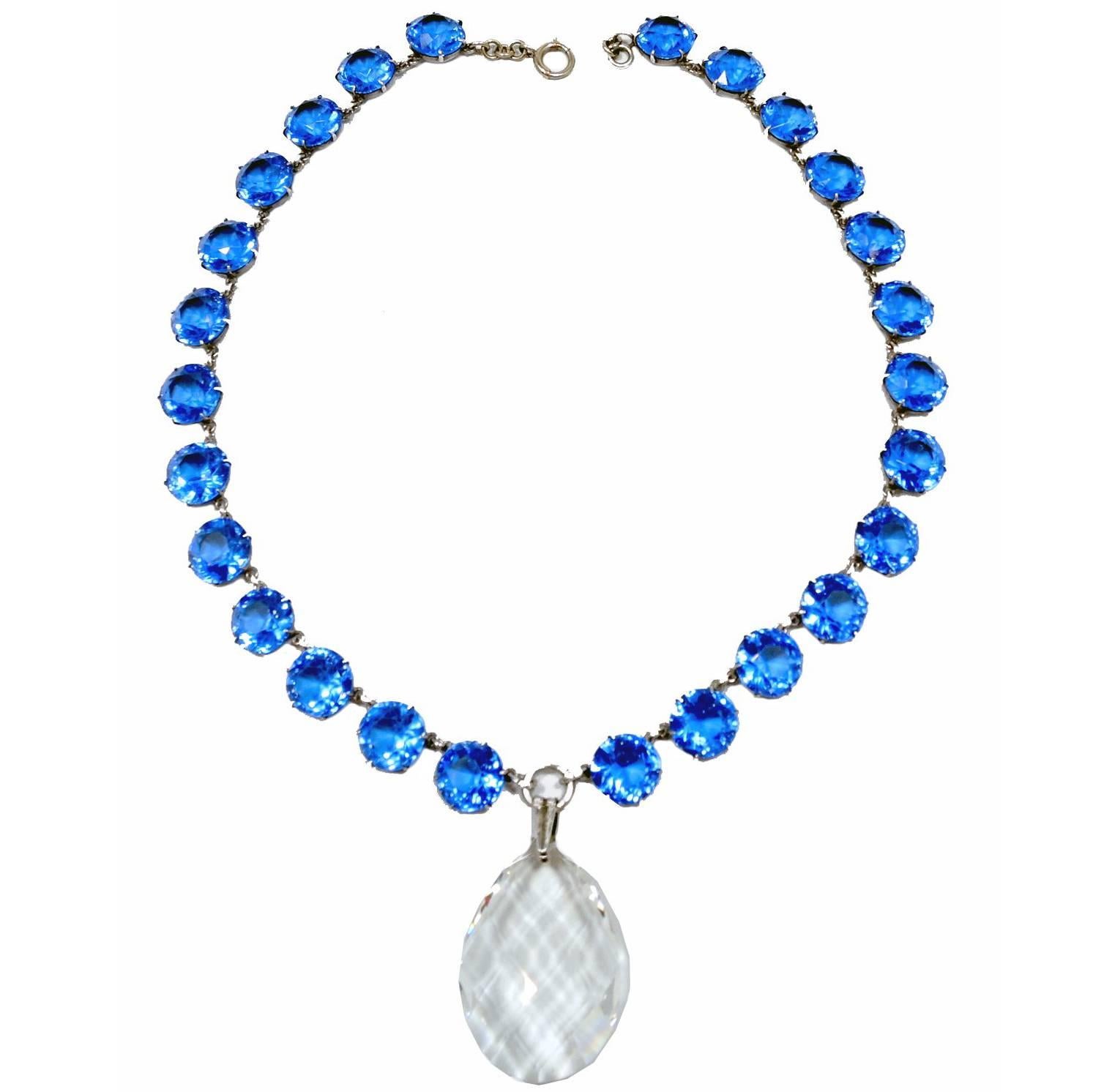 Vintage Art Deco Blue & Clear Crystal Necklace