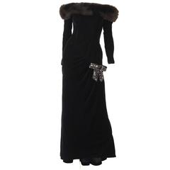 1987 NWT Sample Victor Costa Black Velvet, Fur, Sequin Bow Evening Dress Unworn