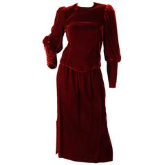Vintage Red Wine Velvet Skirt Set With Dramatic Sleeves