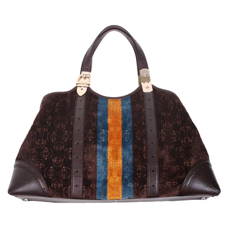 Gucci Horse Bit Logo Cut Velvet Handbag w/Leather Trim and Gold Tone