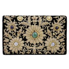 Retro Mid Century Bullion Embroidered Black Velvet Clutch with Semi Precious Stones