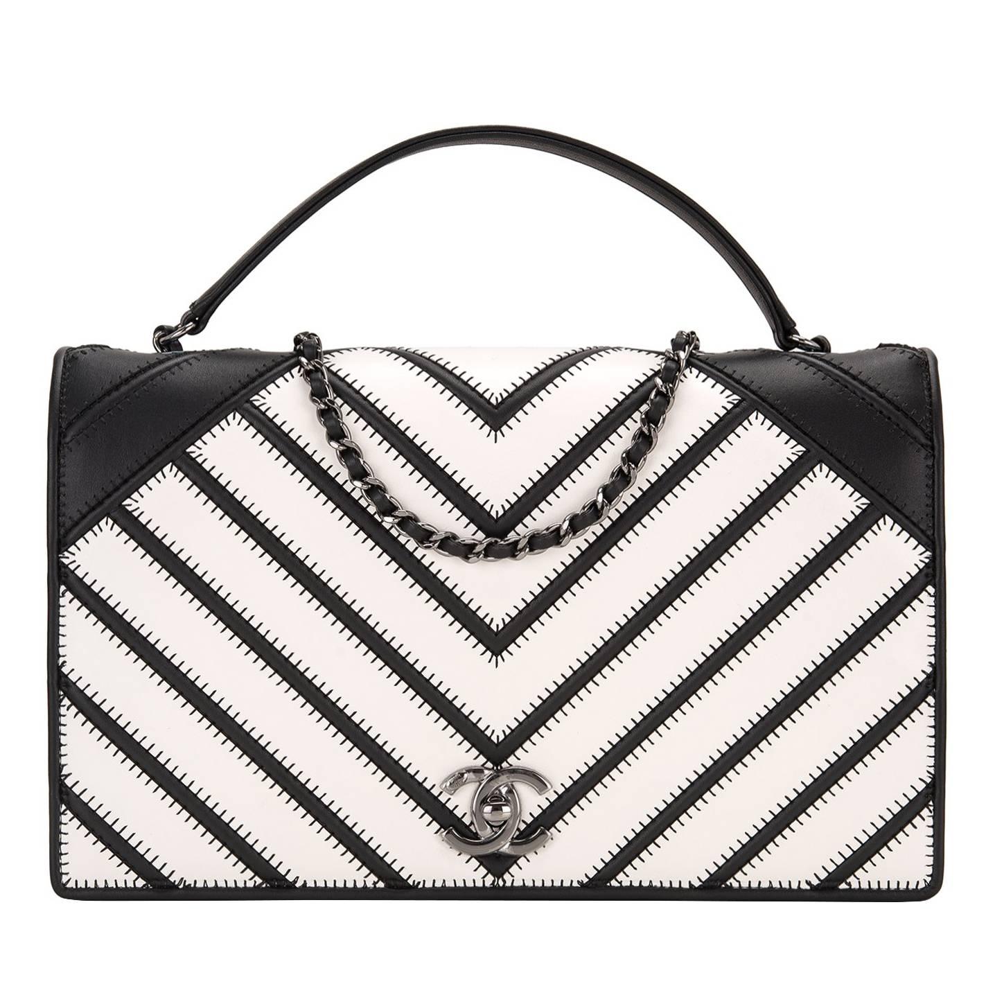 Chanel Black White Chevron Couture Flap Bag For Sale