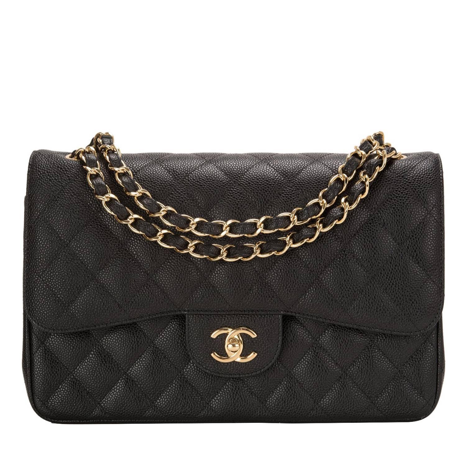 Chanel Black Quilted Caviar Jumbo Classic Double Flap Bag For Sale