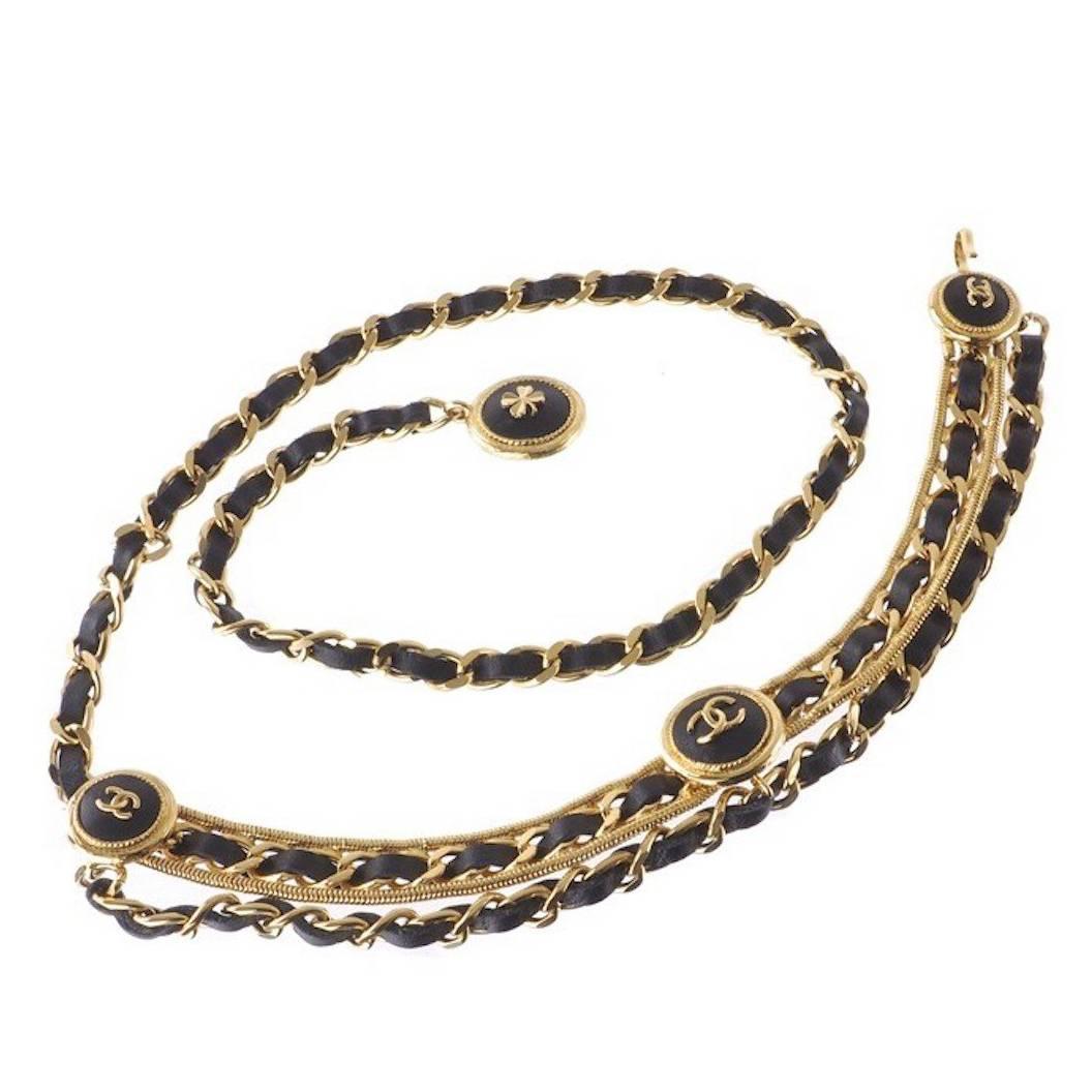 Chanel Rare Vintage Gold Charm Medallion Coin Leather Multi Chain Waist Belt
