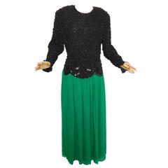 Naeem Khan Evening Gown Dress Hand Beaded Bodice + Silk Chiffon Skirt L/XL 1980s 9