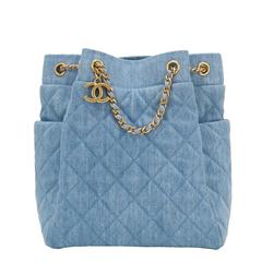 Chanel Light Blue Quilted Denim Drawstring Bag