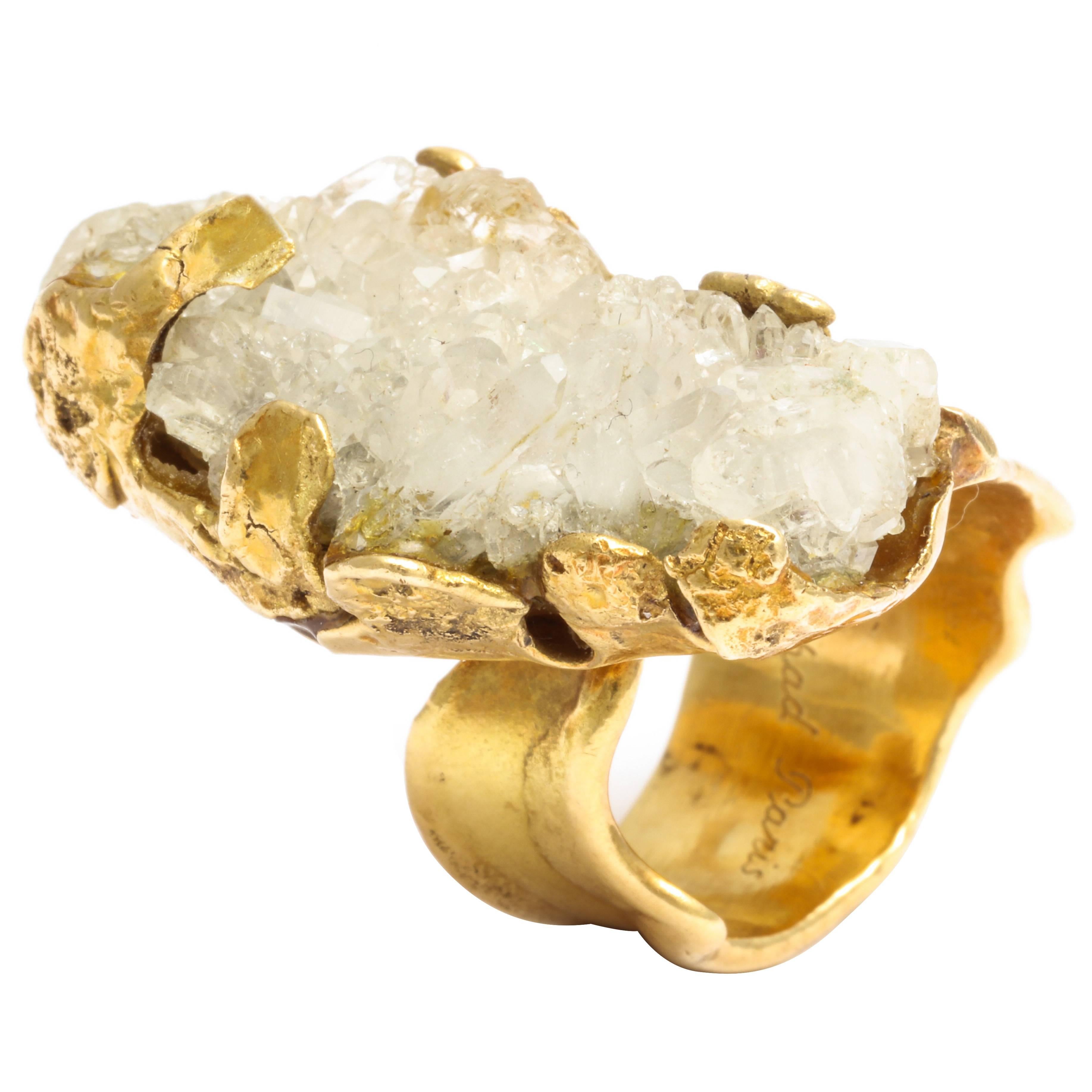 Roland Schad Brutalist Gold and Quartz Ring