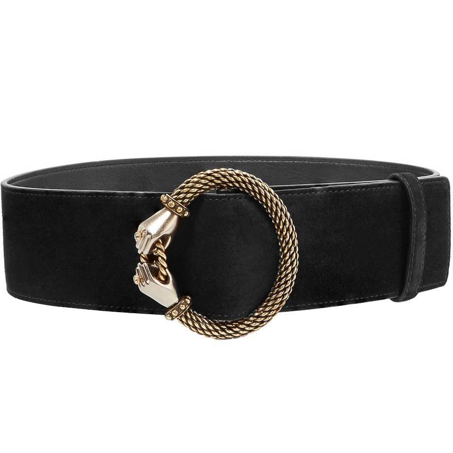 Lanvin NEW Black Suede Double Hands Gold Crystal Metal Buckle Waist Belt
