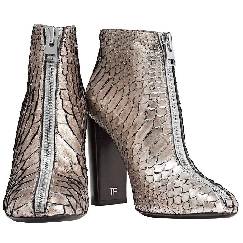 Tom Ford NEW & SOLD OUT Gray Silver Snake Leather Chunky Ankle Booties in Box 