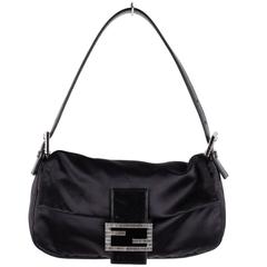 FENDI Black Satin BAGUETTE BAG Shoulder Bag HANDBAG Purse RHINESTONES