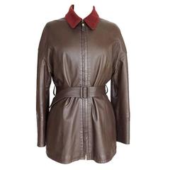 HERMES Brown Leather Vintage Jacket Bordeaux Lined Cashmere/Wool 38 / 6 5