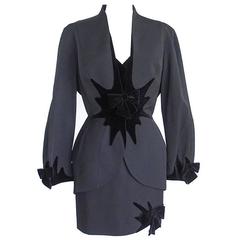 THIERRY MUGLER Skirt Suit Vintage Black w/ Velvet Starbursts and Bows  42 / 6