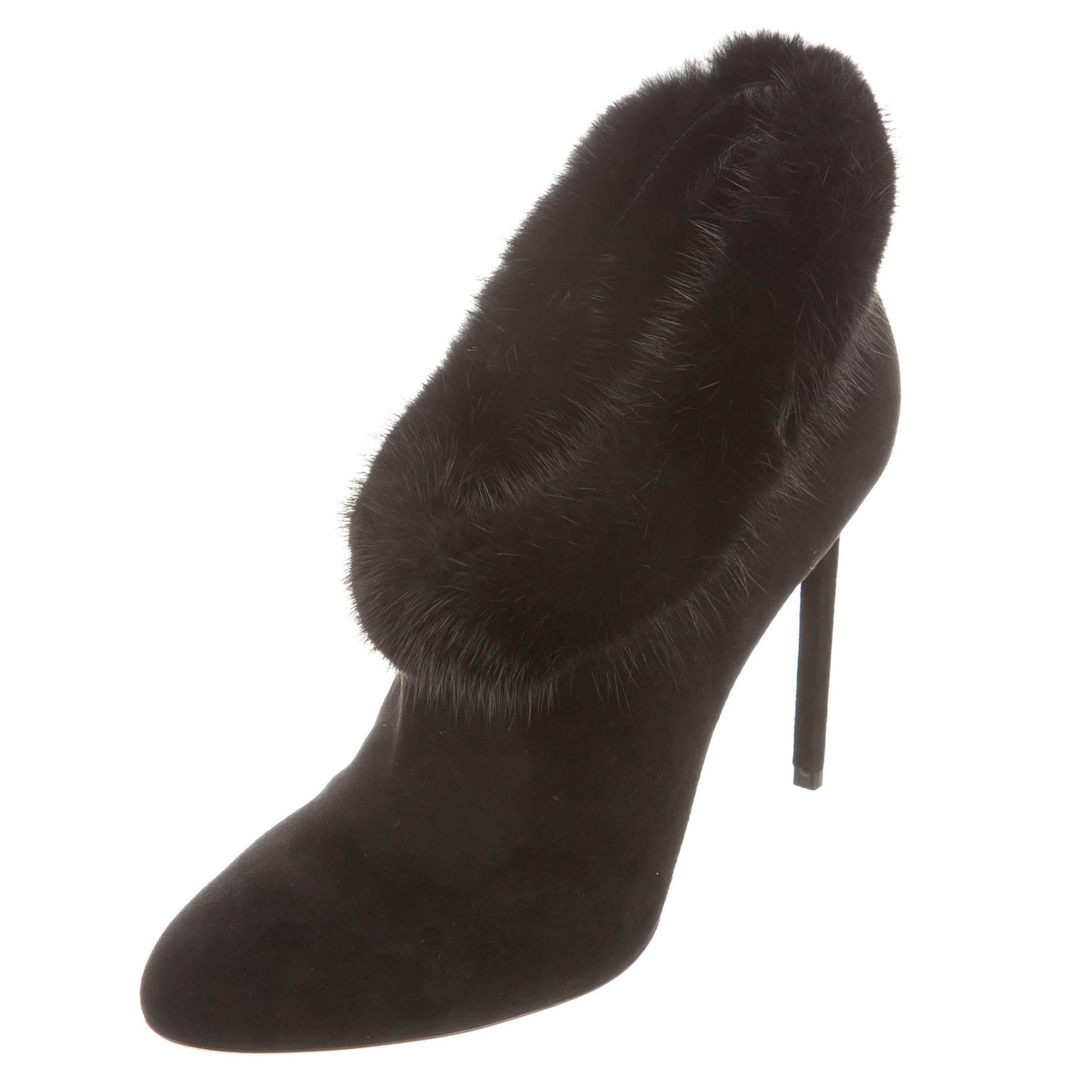 Christian Dior NEW 
SOLD OUT Black Suede Fur Logo Ankle Boots Heels in Box