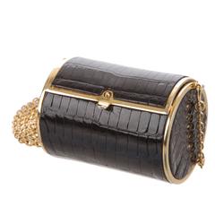 Judith Leiber Rare Black Alligator Gold Chain Barrel Clutch Shoulder Flap Bag