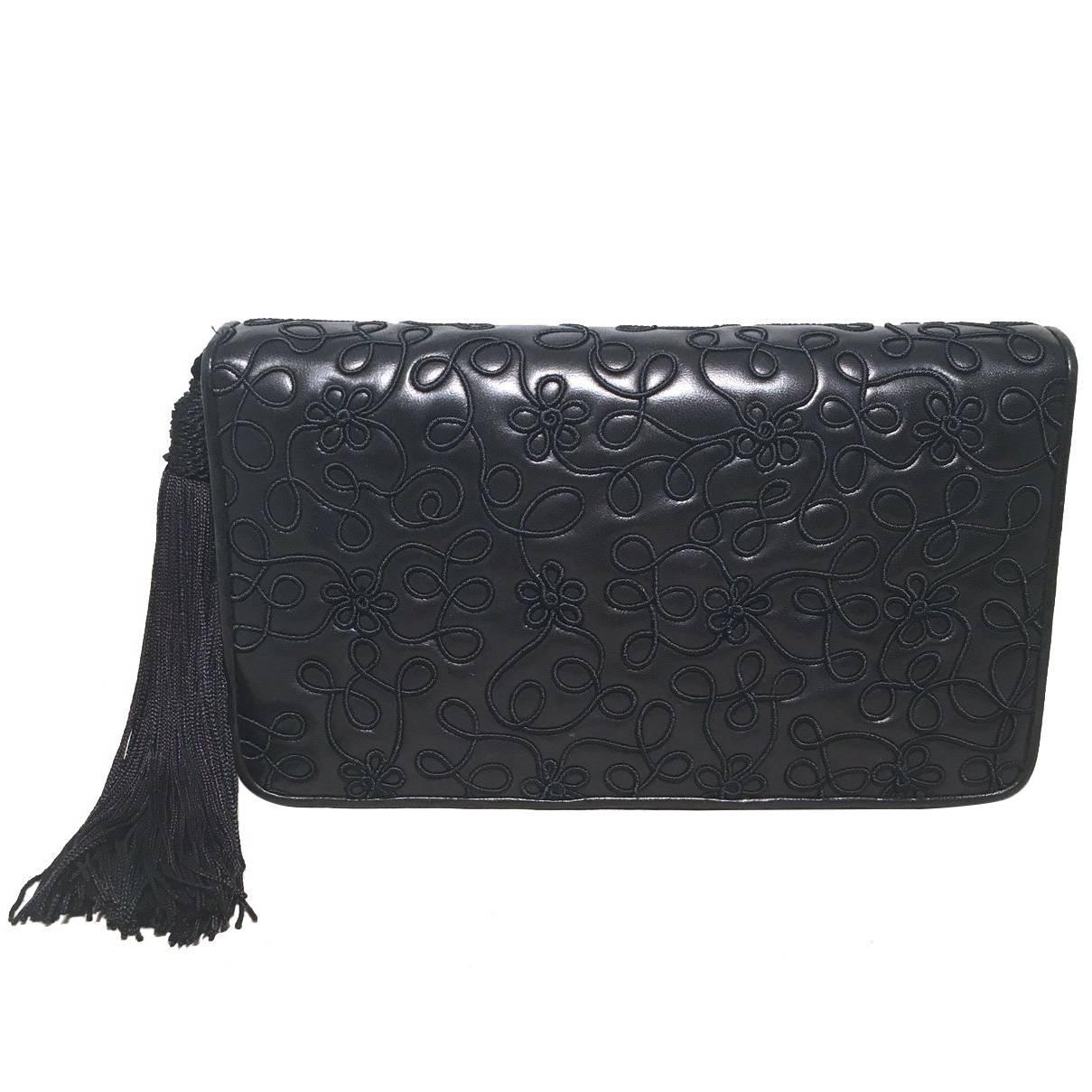 Judith Leiber Navy Blue Embroidered Leather Tassel Clutch