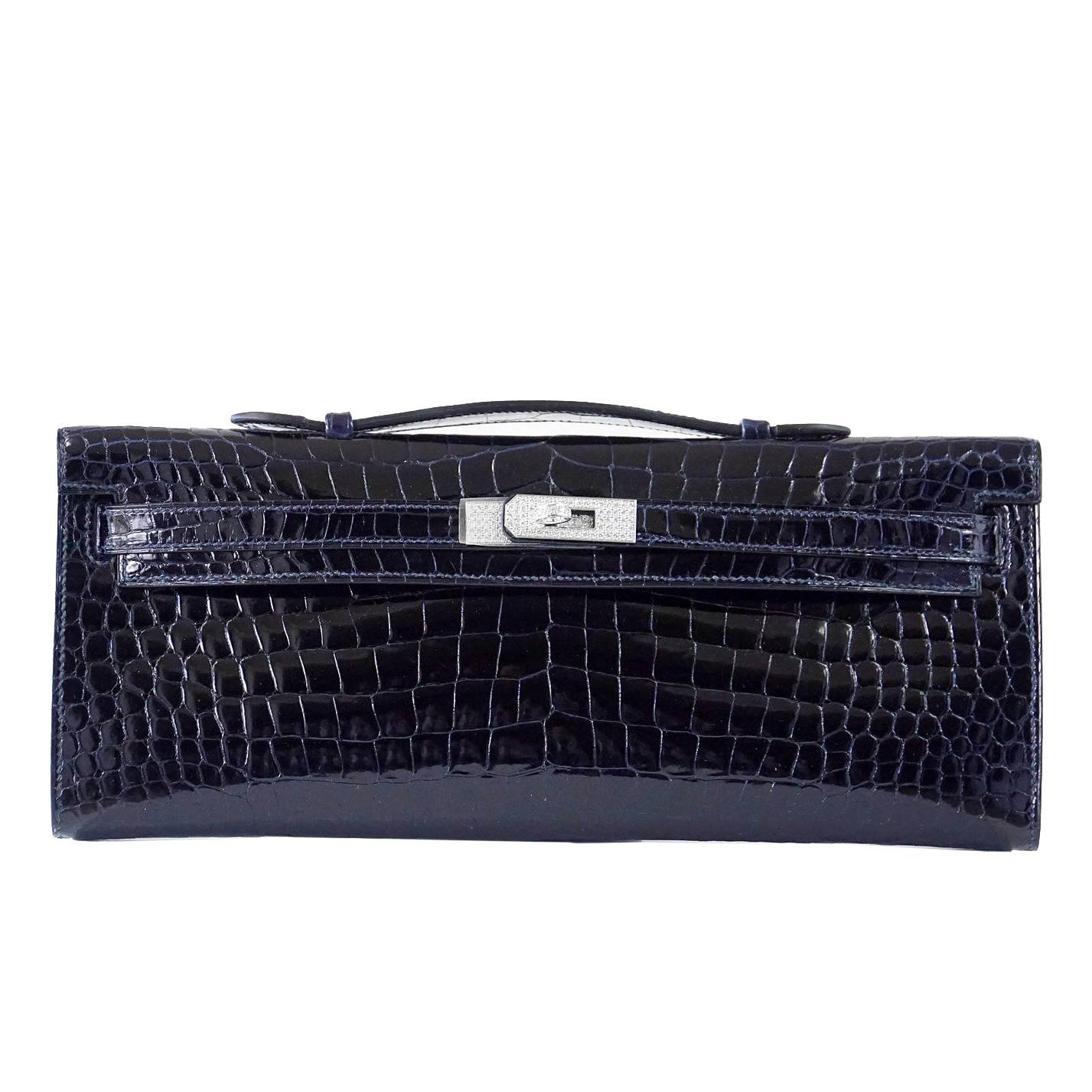 Hermes Kelly Cut Blue Marine Crocodile Set Diamond Bag Exquisite Clutch For Sale