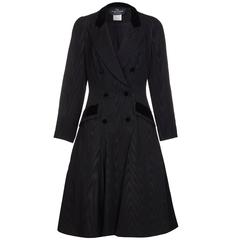 Vintage 1980s Louis Feraud Black Moire & Velvet Fitted Coat Dress