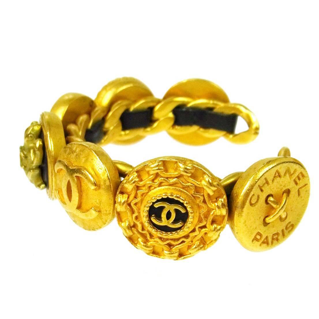 Chanel Vintage Rare Gold Black Leather Cameo Charm Cuff Bracelet in Box